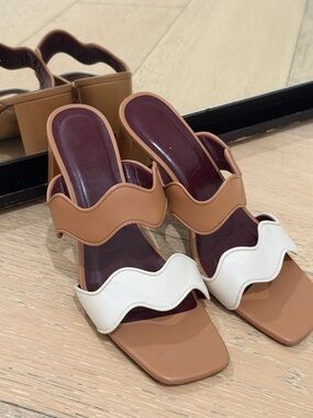 STAUD Leather Wavy Strap Heels Size 36 Block Heel Slide Sandals Brown White